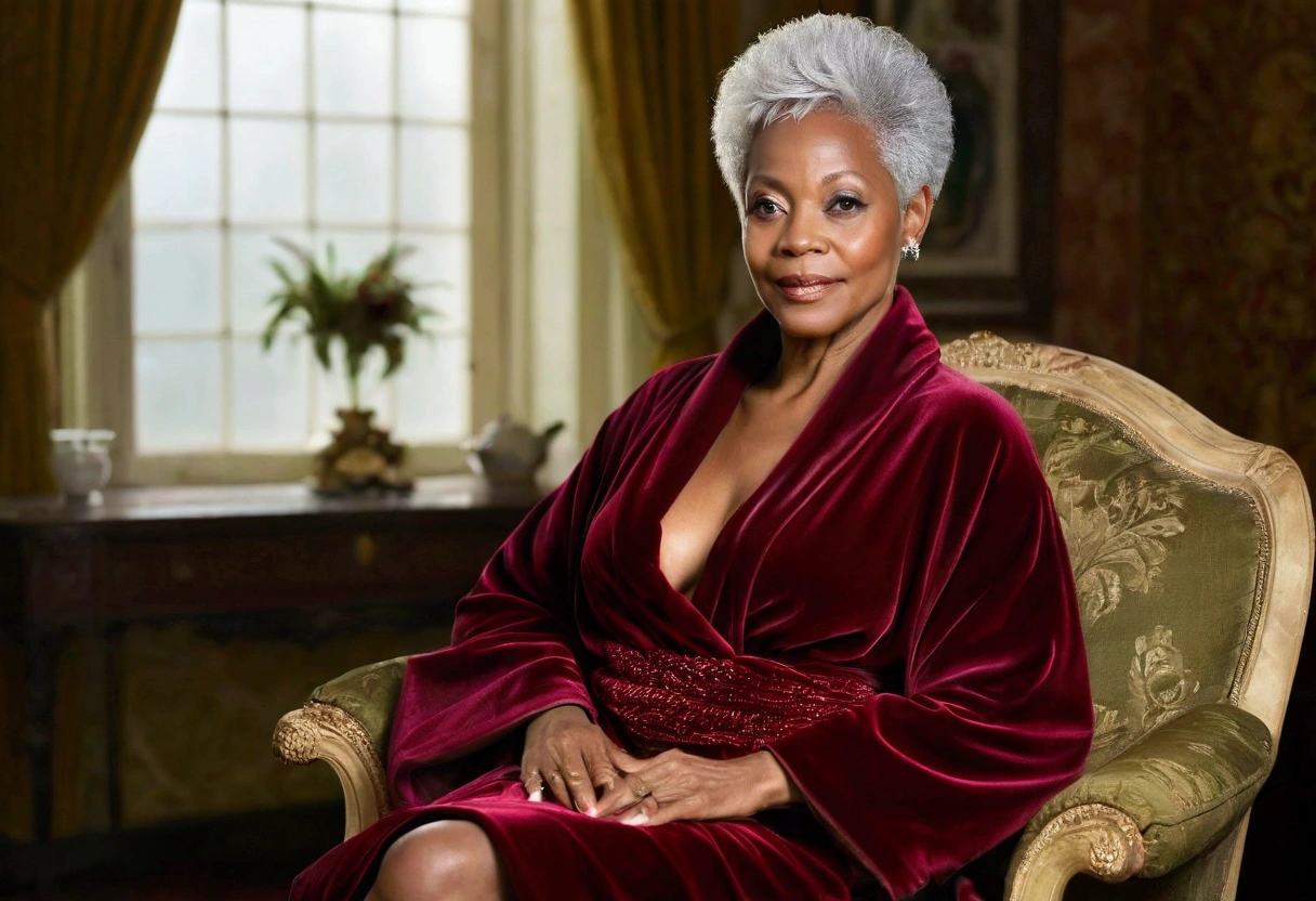 A model in her 60s of Afro-American descent, with short silver hair and bold features, wears a bust opened deep red velvet robe revealing her big saggy breasts. She sits on an antique armchair in a beautifully decorated living room, the robe draped over her form as she looks out the window. The rich velvet fabric catches the light, and the model’s confident smile conveys a sense of timeless elegance.