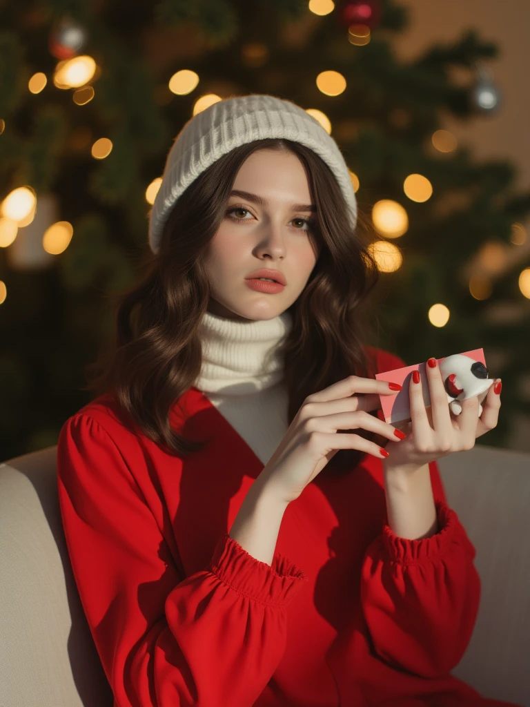 一个beauty的女人留着长发， with a bow in her hair ，Sitting in front of a Christmas tree ， holding a Christmas card in her hand ， wearing a red full-length dress ， facing the camera ，beauty，Soft candlelight，Knees up，Velvet，Relax，dslr，bedroom，Long lens（LS）， Best Quality，Proportion