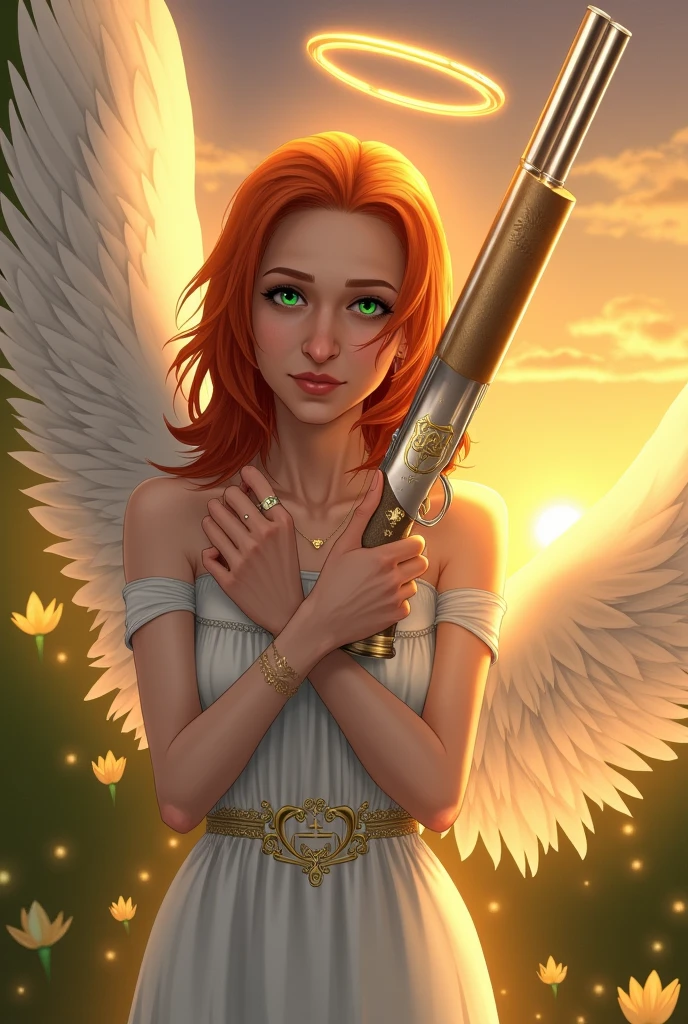 detailed digital illustration of a young woman aiming Model870 pump action shotgun, a luminous portrait of an angelic woman with pale, freckled skin and shoulder-length fiery auburn hair styled into loose waves, her emerald-green eyes glowing faintly as they lock onto the viewer; she wears a modest white gown with off-shoulder sleeves and intricate gold patterns along the hem, the soft fabric glowing faintly under the light; her hands hold a polished silver shotgun engraved with celestial symbols, its barrel angled slightly downward in a peaceful but ready stance; her vast white wings rise gracefully behind her, their glowing feathers softly lit by the warm golden light of her radiant halo; she stands in a meadow surrounded by softly glowing lilies and rippling brooks, the golden hues of a setting sun painting the sky and creating an atmosphere of divine tranquility, the exposed skin on her hands and neck with golden bio ink design casting a golden glow, detailed background at night,