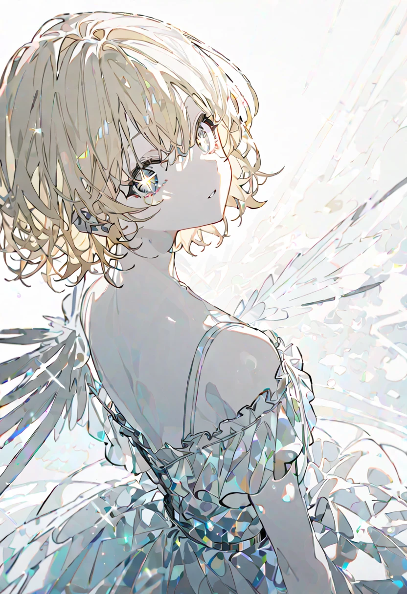 best quality, beautiful, absurdres, woman, KagamineRin-Vocaloid, neutral, sitting on the floor, looking at viewer, short hair, white yellow hair, with sparkling eyes, white eyes, eyes open, pale skin, tall, dress, teenager, white background, beautiful, soft lines, upper body, from side, overhead shot, with angel wings on back,Close,transparency illustration, Calm colors