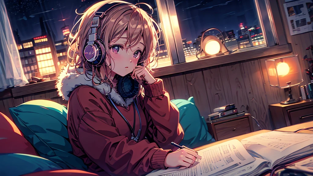  Listening to music in a cozy room at night***,  wearing headphones, Anime 2D Style, Lo-Fi, Highly detailed ,  hard disk 