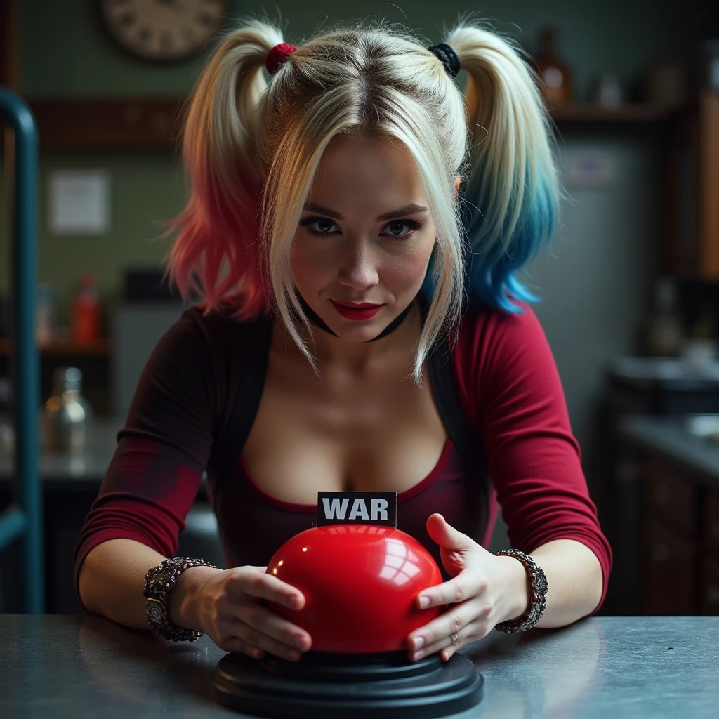 A high-resolution photograph of Harley Quinn getting ready to press a big red button with the label above it "WAR" placed on a metal table