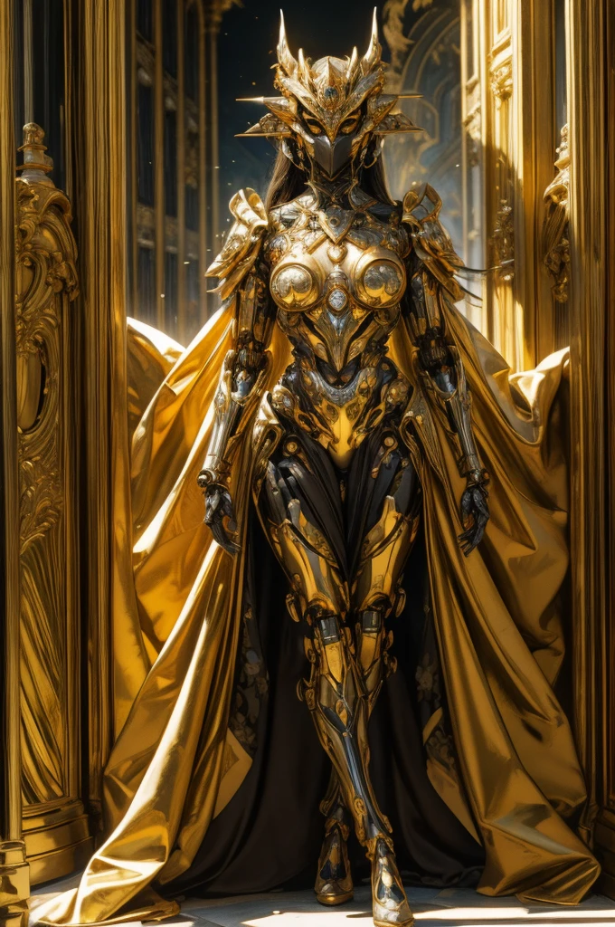 (masterpiece, 4k ,ultra detailed,raw photo:1.2),illustration, simple style, 1girl, cyborg,faceless robot, full body, Golden Yellow theme   venetian mask  reelmech arcana alphonse mucha artwork ruanyi0238 venusbody