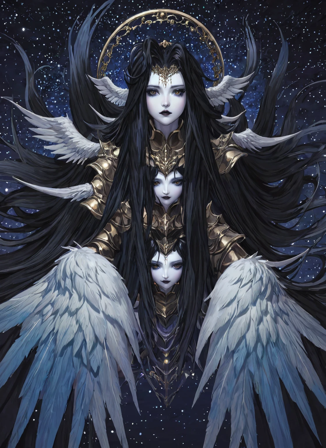 1girl,  solo,  armor,  male focus,  black hair,  black lips,  blue skin,  endsinger,  fantasy,  head wings,  long hair,  looking at viewer,  night,  night sky,  orb,  pale skin,  pointy ears,  wings, 