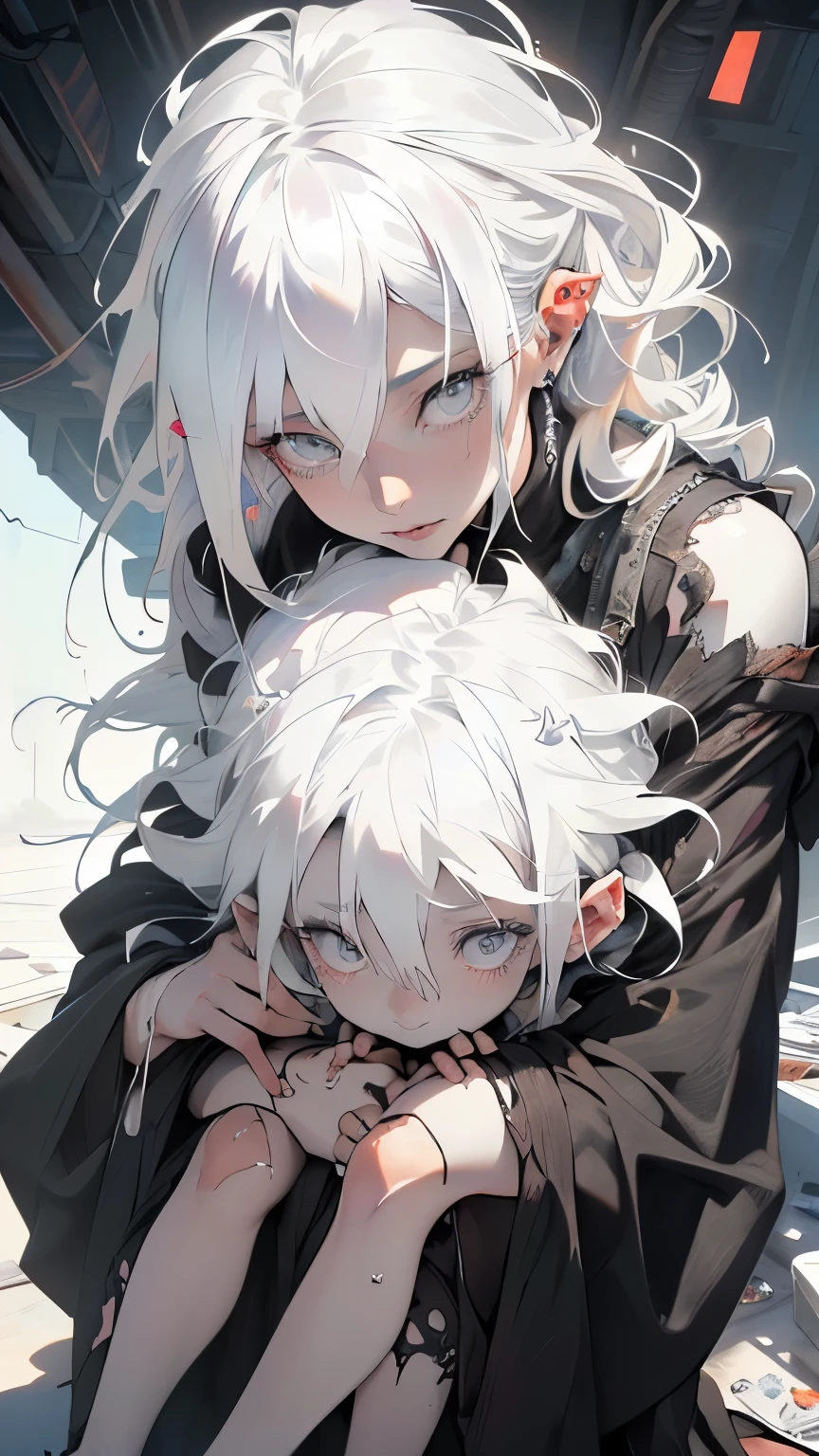 17-year-old girl with long rose hair(similar to the character mori calliope) wearing a white t-shirt with a black jacket, and holding 6-year-old boy, with straight white hair. neck with black blouse