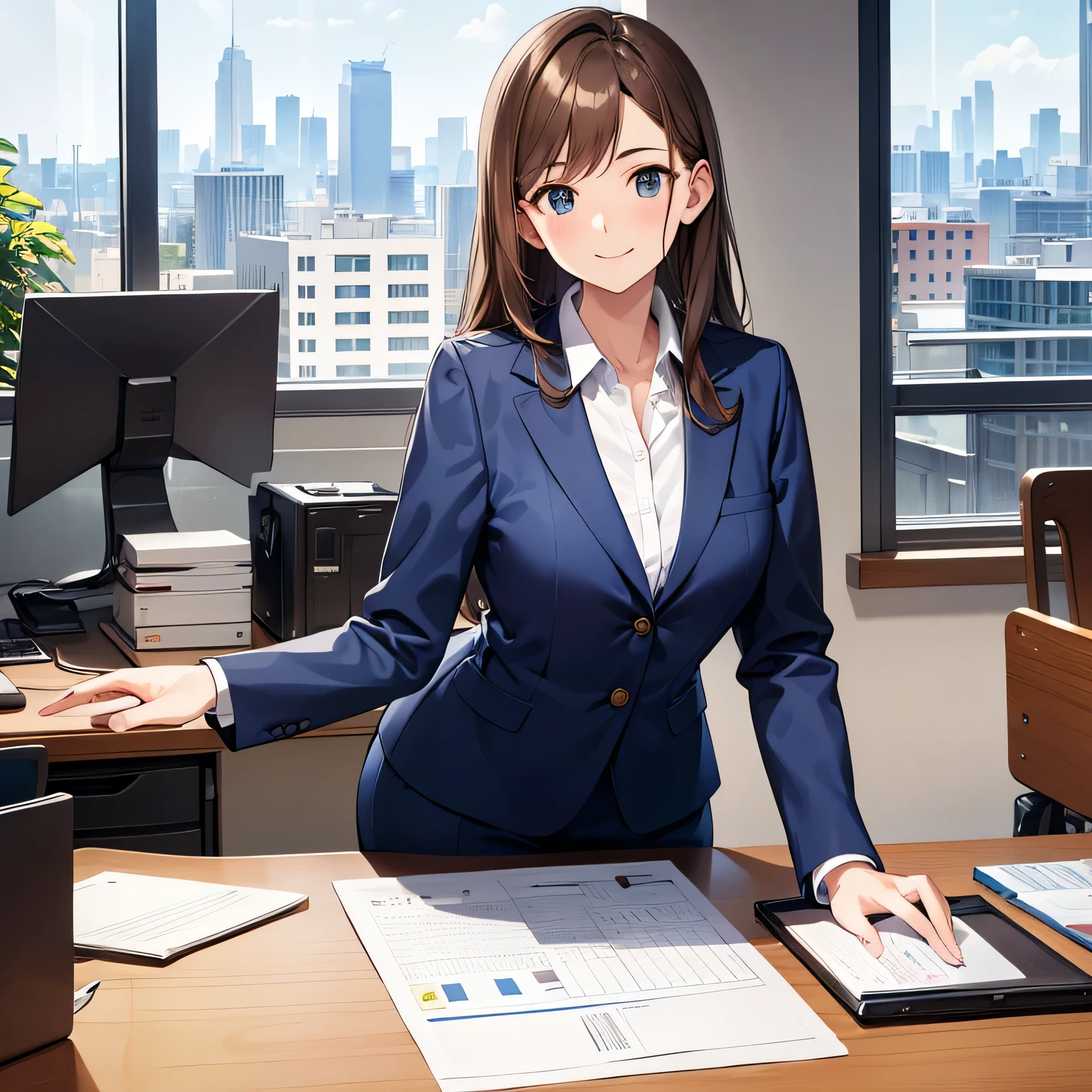 Top quality, top image quality, 1080p, 8K, masterpiece, first class, (perfect face), front, depicting professional people working in an office environment. One is holding a pen and posing strongly. One has his right arm raised, palm at shoulder level, a man and woman in modern navy blue suits, red string around their necks, employee ID cards in clear plastic cases, brown hair, modern desk with recruitment posters and calendar, city skyline in the background, soft natural light illuminating the room, high resolution, and a desire to recruit and smiles, serious expressions, and big smiles that convey a desire for career development,