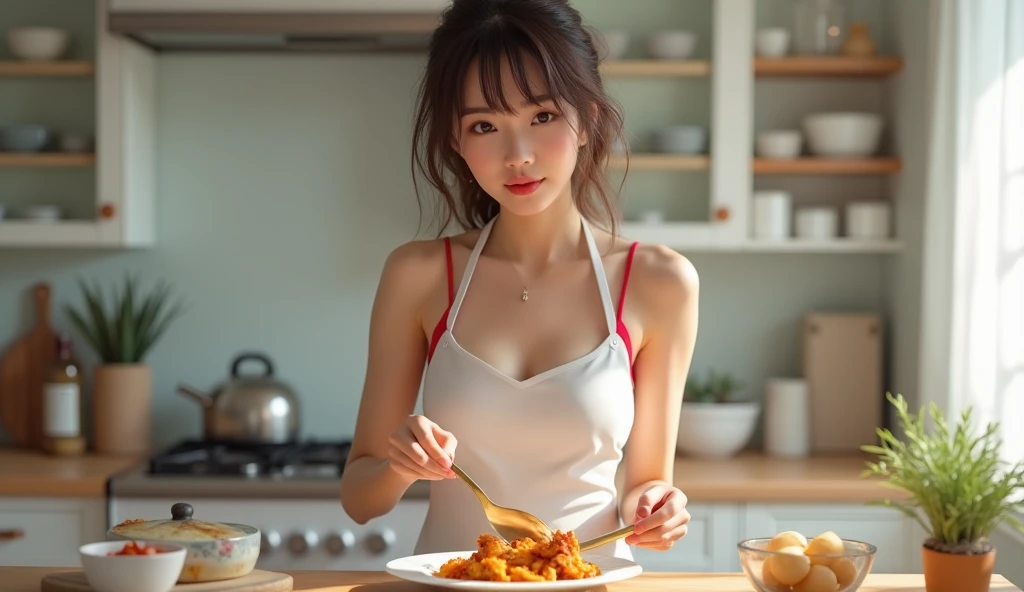 masterpiece, highest quality, Highest image quality, High resolution, photo realistic, Raw photo, transparent apron, Fast Food Worker, burger, fried chip, food tray, oven