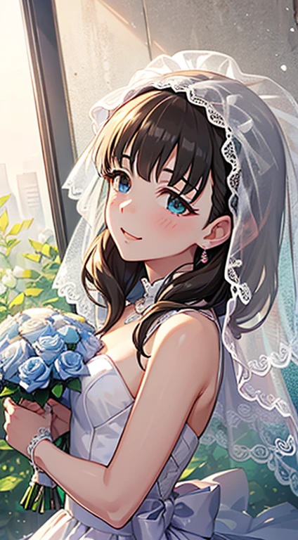 (masterpiece:1.3, top-quality, ultra high res, ultra detailed), (realistic, photorealistic:1.4), beautiful illustration, (natural side lighting, movie lighting), depth of fields, detailed cloth texture,
looking at viewer, bust photo, 1 girl, 16 years old, perfect face, (perfect anatomy), cute and symmetrical face, baby face, shiny skin, slender
(middle hair:1.5, side ponytail:1.4, blonde hair), hair between eyes, blue eyes, pink lips, long eye lasher, (large breasts:1.3),
beautiful hair, beautiful face, beautiful detailed eyes, beautiful clavicle, beautiful body, beautiful chest, beautiful thigh, beautiful legs, beautiful fingers,
head flower, headdress, (strapless wedding dress:1.5), (silk dress:1.2), necklace, earring, cleavage, bouquet, (lace gloves:1.2), (bridal veil:1.2), (short transparent veil:1.2),
(beautiful scenery), evening, (flower garden, outside church) standing, (seductive smile, blush, open mouth small),