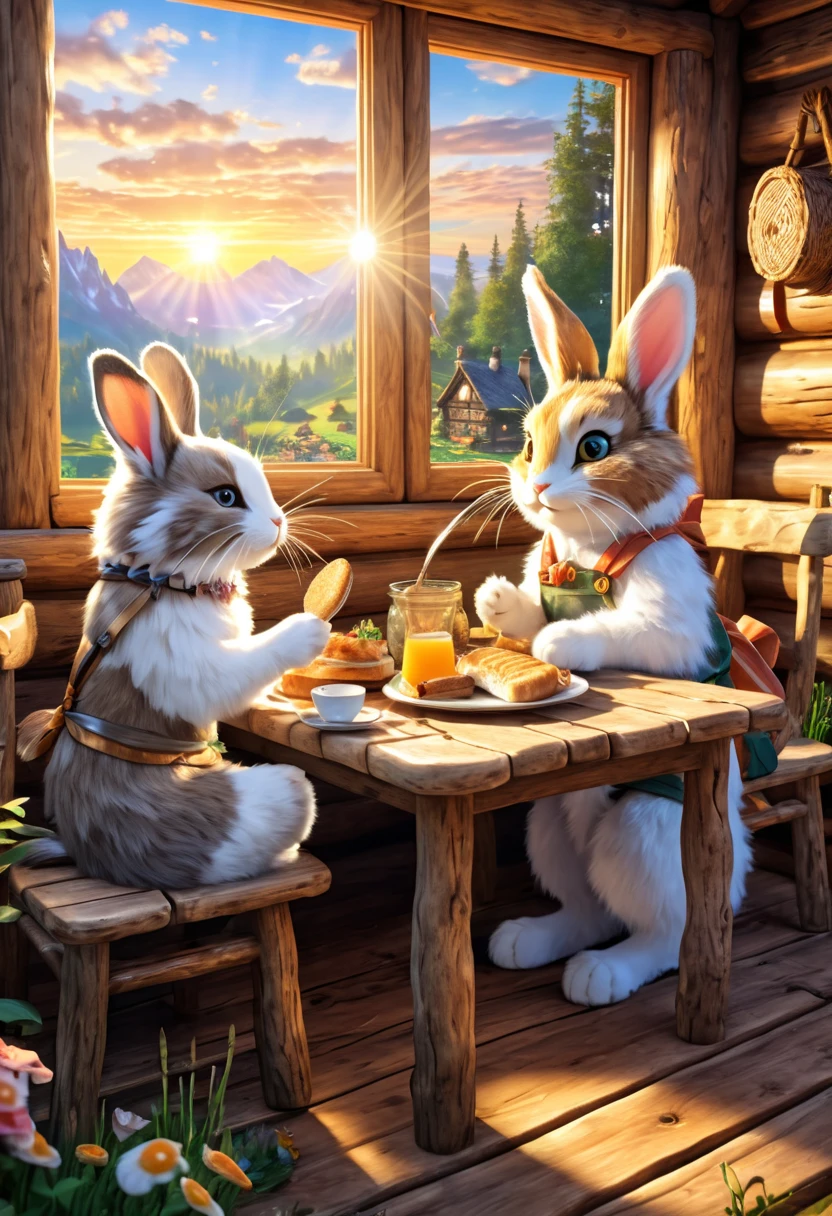 Happy Rabbit Furry A cute rabbit furry and a cute cat furry having breakfast, sitting at ...
