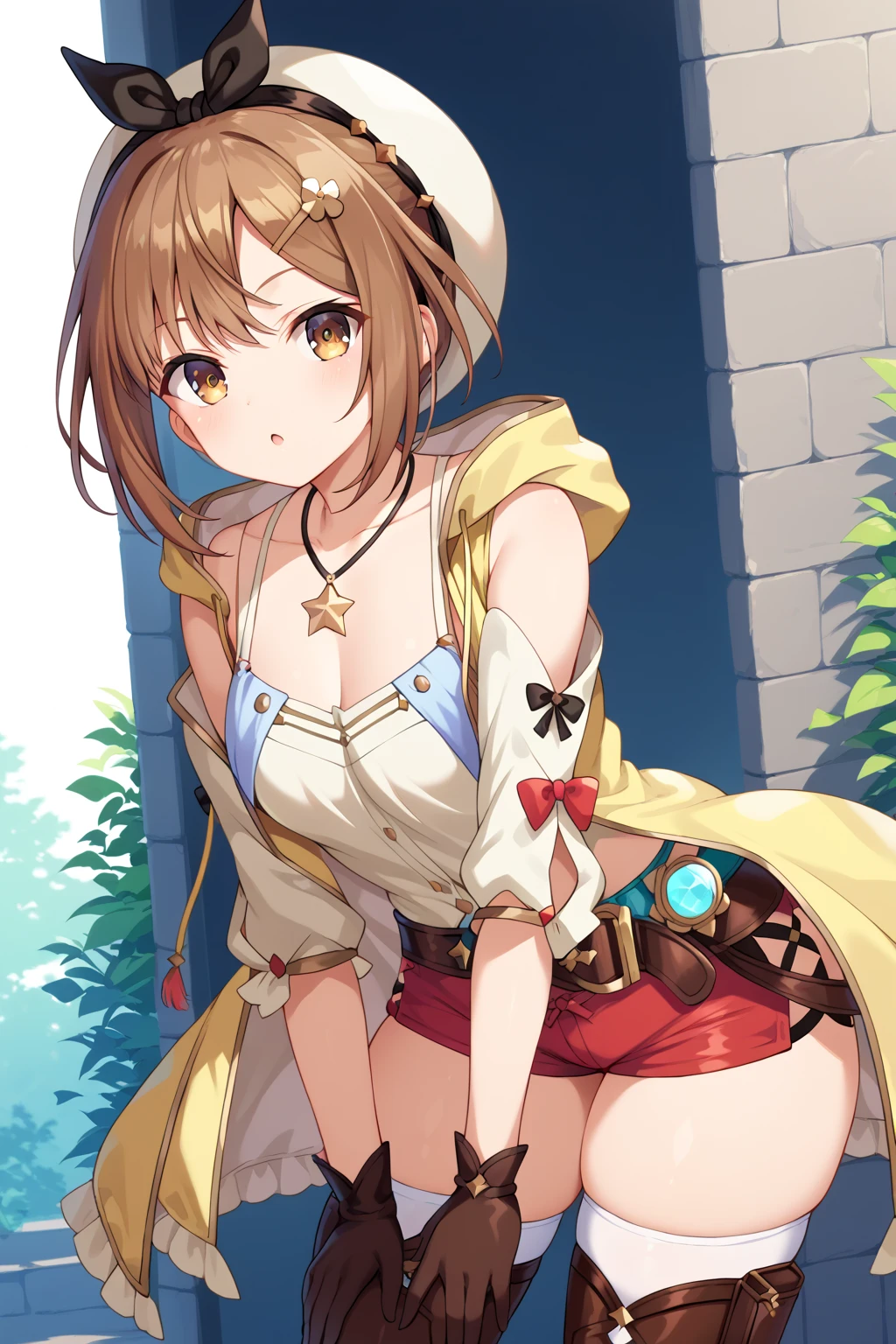 reisalin stout, short hair, brown hair, hair ornament, brown eyes, hairclip,
thighhighs, gloves, hat, jewelry, jacket, thighs, shorts, belt, necklace, star \(symbol\), short shorts, white headwear, brown gloves, single glove, yellow jacket, red shorts, leather, sleeveless jacket, star necklace, leather gloves, (loli)、leaning forward、シャツを開ける、bare breasts、トップレス