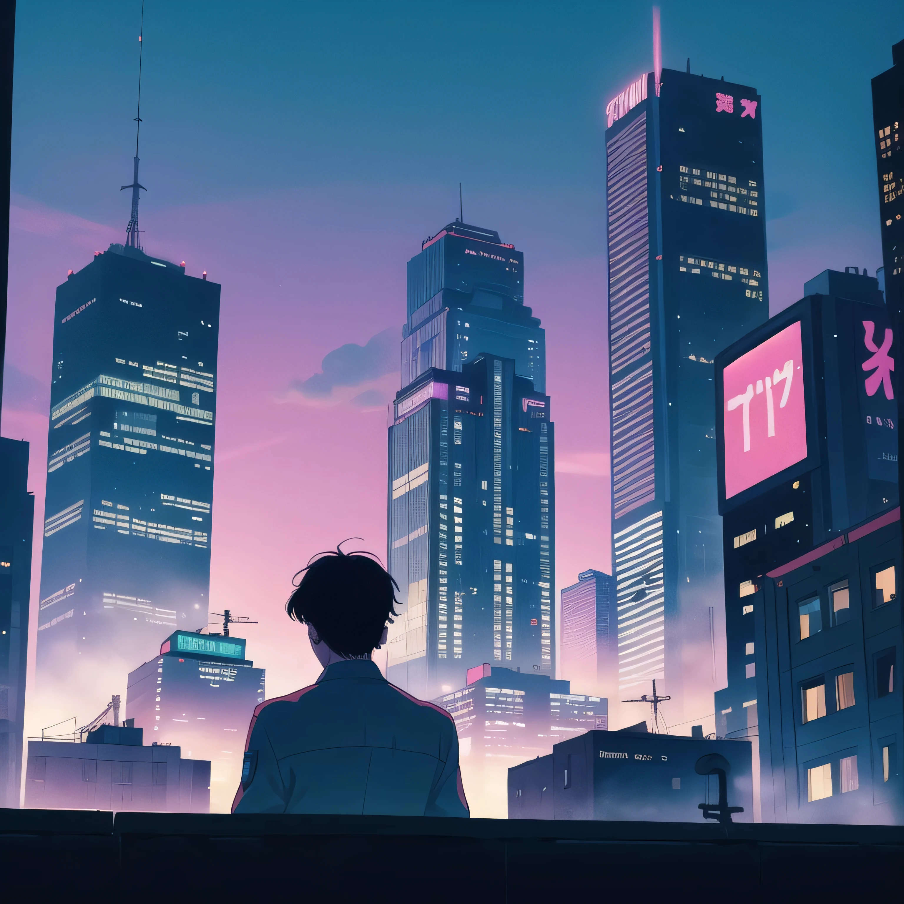 I'm in the center of the city ,Back view, a young man is looking up at dusk、  The silhouettes of skyscrapers float in a pale pastel sunset sky .  neon lights begin to light ,  throws retro brilliance into the bustling streets .  The scene is enhanced with subtle VHS noise ,  creates a lo-fi cityscape reminiscent of 90s urban dreams.  the vibrant city comes to life ,  The air is filled with distant traffic sounds and laughter 