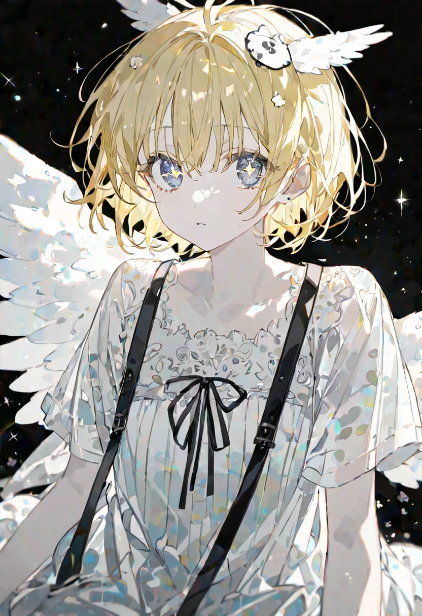 best quality, beautiful, absurdres, woman, KagamineRin-Vocaloid, neutral, sitting on the floor, looking at viewer, short hair, white yellow hair, black ribbon on head, with sparkling eyes, white eyes, eyes open, pale skin, tall, dress, teenager, white background, beautiful, soft lines, upper body, from side, overhead shot, with angel wings on back,Close,transparency illustration, Calm colors