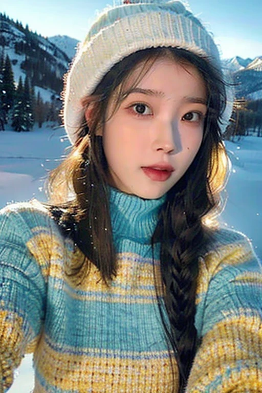 Portrait of a young woman with knit hat in snow taking a selfie, in the style of mountainous vistas, light teal and light orange, vibrant, lively, elegant, emotive faces, travel, clear facial features, 35 mm lens, accent lighting, global illumination