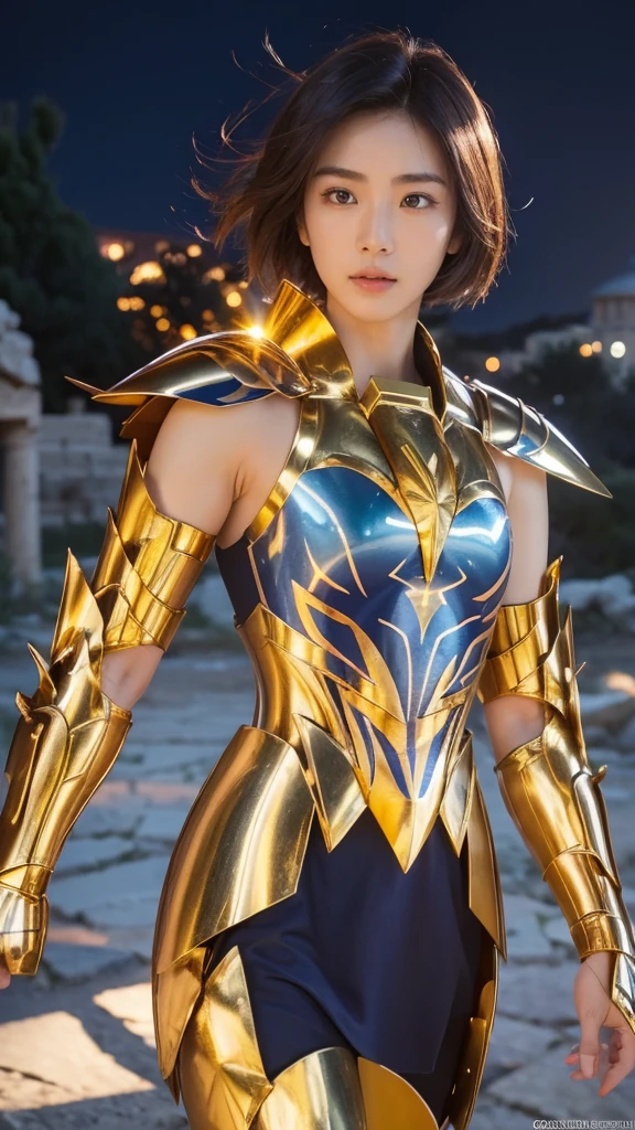 
((1 Female))) beautiful Korean girl,   Ultra Realistic Photo Shoot with Cutting Edge Details by Camus, Greek ruins in the background.  Shiny Shiny Golden Metal Armor, Saint Seiya Armor, (((Cancer Armor))),  sexy armor , short blue hair ,  tousled hair,  Active pose, beautiful,  blue eyes,  sunburned skin, Every detail, beautiful face with details, walking at the  ancient Greek ,  ancient Greek ,  super high resolution, 8k, milky way, Night Sky,Overhanging Shoulder Armor 