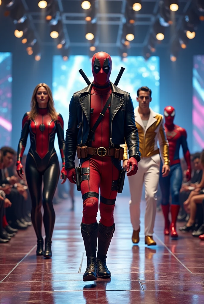 Realistic type image of a woman with brown hair and white at the ends, with brown eyes, wearing a blue dress, On his right side is Deadpool and on his left side is Wolverine., the three of them walking through new york city