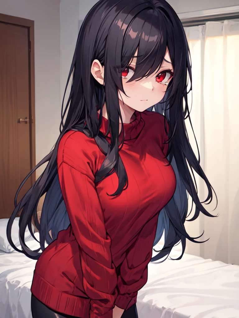 Highest quality, masterpiece, Ultra-high resolution, (Realistic: 1.4), RAW Photos, 1 Girl, Black Hair, Shiny skin, Dramatic lighting, whole body,, Red dress, huge