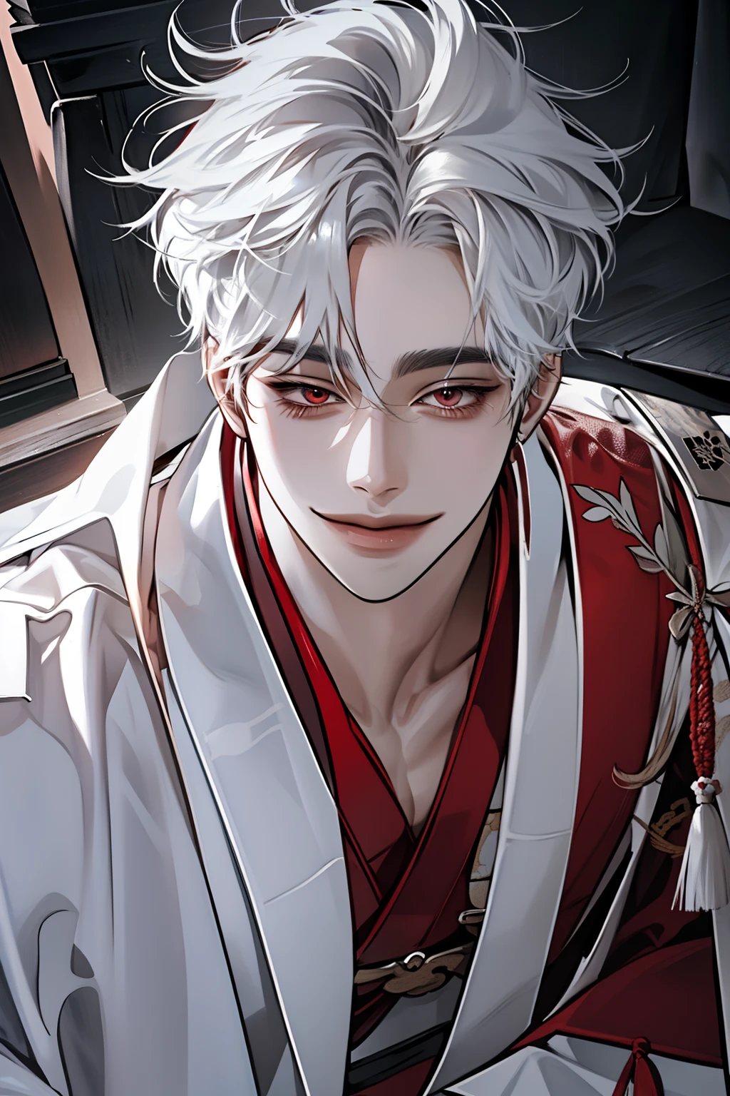 boy,  Hairstyles for very long hair,   long white hair,   sharp features wearing student clothes,   white skin ,  on the side , (( authentic Korean men's clothing )),  More information  ,   red eyes, ( smiling), View from below , (My hand hurts below my chin as if I'm worried.)