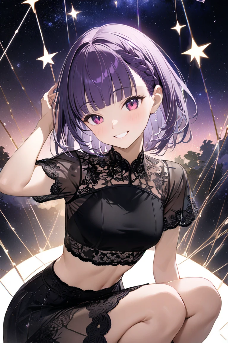 <lora:Vermeil-M1:0.8>,
Vermeil,1girl,red eyes,solo,looking at viewer,smile,purple hair,blush,hair between eyes,open mouth,collarbone,gradient hair,multicolored hair,virgin killer sweater,sleeveless,bare shoulders,short hair,