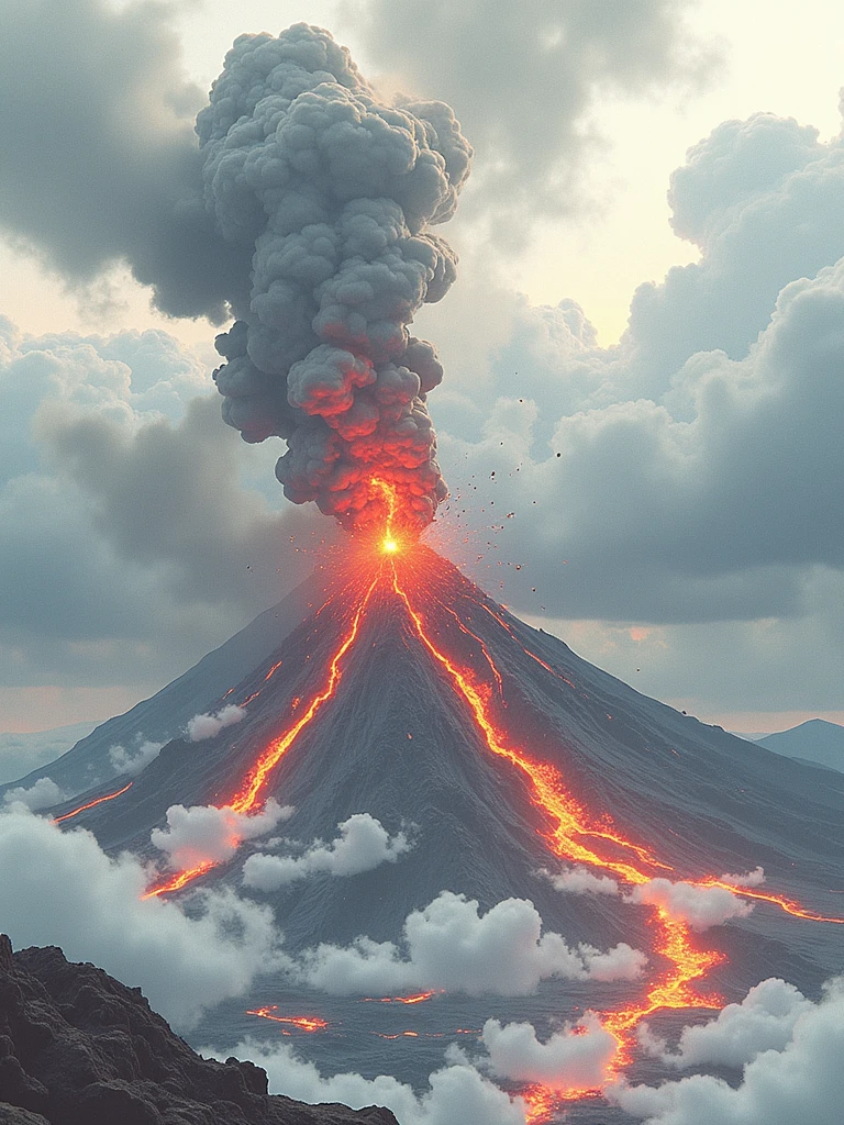 (high resolusion, ultra detallada, realista: 1.37), (HDR, UHD), Professional Photography of an Incredible Volcanic Eruption, Flames and smoke rising from a volcano as it explodes in mid-air, corrientes de lava caliente incandescente:imagen de portada en la revista National Geographic