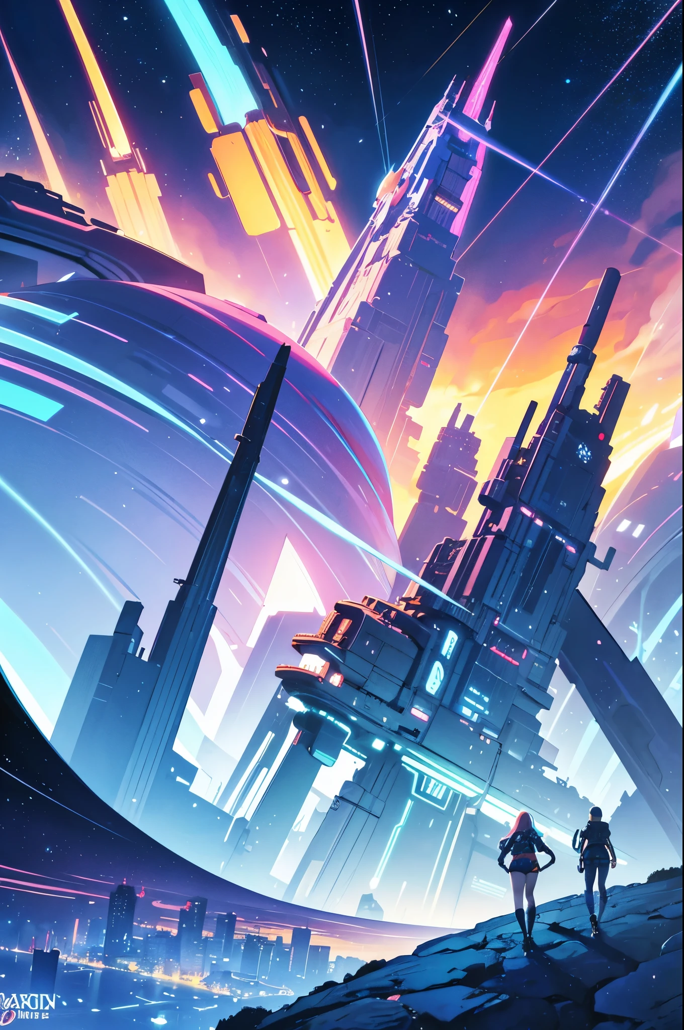 cartoon illustration of a city with a satellite and a satellite, background artwork, colorful concept art, background art, jen bartel, russian orbit city cityscape, metaverse concept art, retrofuturistic digital painting, space port city, a digital dreamscape, sky town, stylized digital illustration, in style of beeple, colorful city, stylized concept art, pastel tone, lightening, cute mood