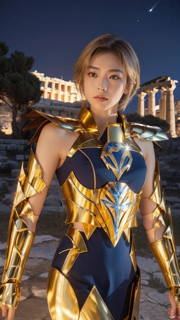 
((1 Female))) beautiful Korean girl,   Ultra Realistic Photo Shoot with Cutting Edge Details by Camus, Greek ruins in the background.  Shiny Shiny Golden Metal Armor, Saint Seiya Armor, (((Cancer Armor))),  sexy armor , short blue hair ,  tousled hair,  Active pose, beautiful,  blue eyes,  sunburned skin, Every detail, beautiful face with details, walking at the  ancient Greek ,  ancient Greek ,  super high resolution, 8k, milky way, Night Sky,Overhanging Shoulder Armor , golden mask