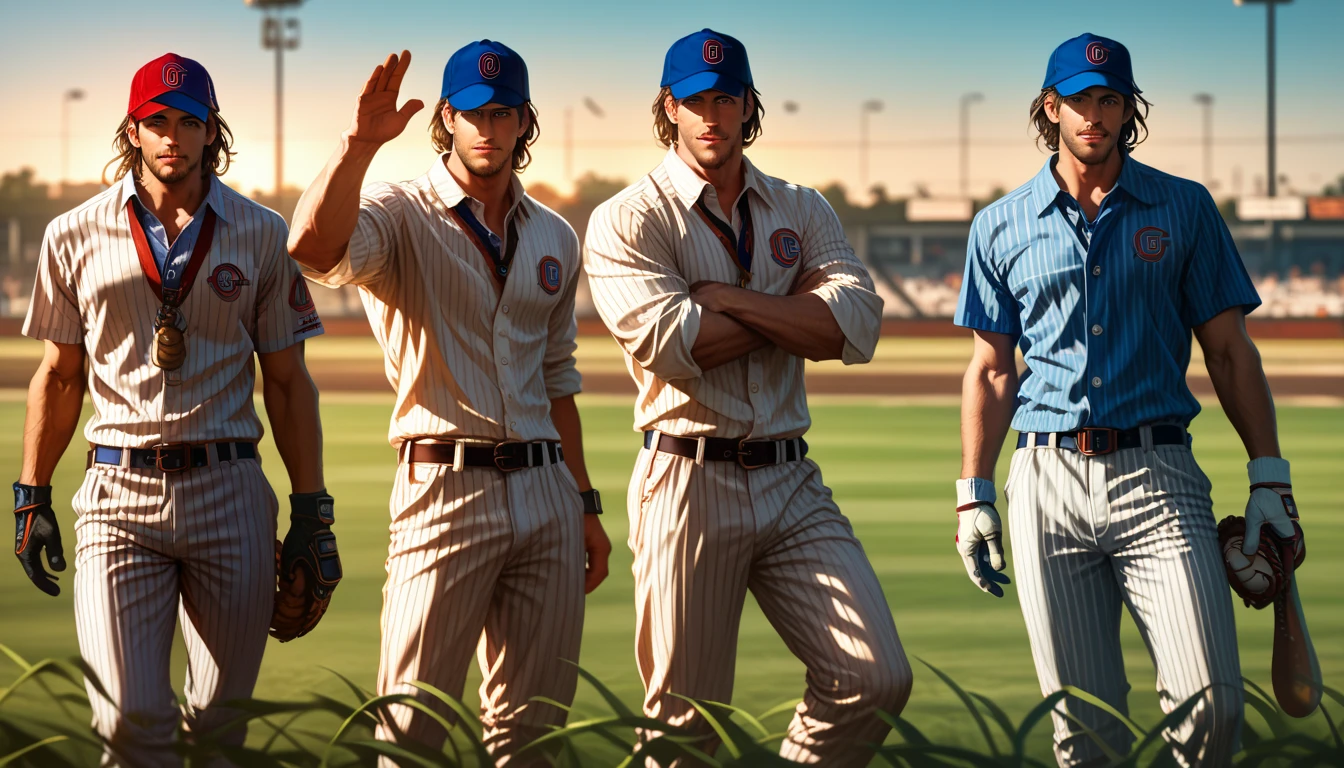 a group of professional  gay baseball players pants down and grabbing they're big Penises, extremely detailed, highly realistic, photorealistic, 8k, hyperrealistic, intricate details, lifelike, muscular male bodies, creative poses, confident expressions, athletic movement, baseball uniforms, field setting, warm lighting, vivid colors, cinematic composition, dramatic shadows