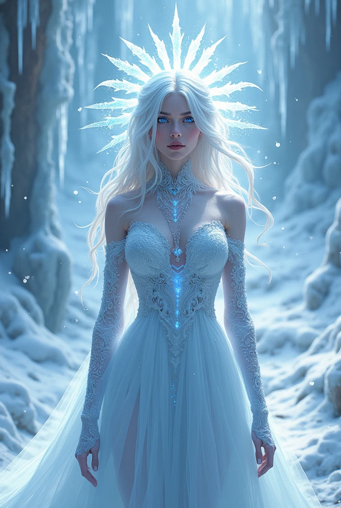 a beautiful ice goddess, close up, in ice dress, soft face, full lips, slim body, small breast, slim tights, northern lights in background, ice transparent cape, blond hair, dress made of ice crystals covering her entire body, realistic, angelic, award-winning digital art,( insamente detailed 1.5) with tips in detail in 8k wallpaper )