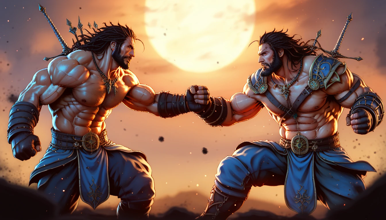 muscular men, two men fighting with penises as swords, highly detailed, hyper realistic, photorealistic, 8k, HDR, cinematic lighting, dramatic action pose, epic fantasy, fantasy art style, gritty, dark, moody, chiaroscuro lighting, intense colors, dramatic shadows