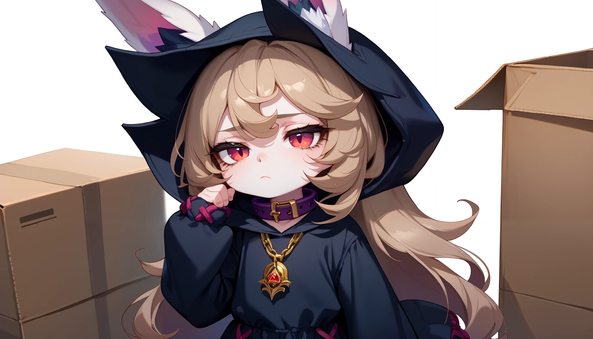 (masterpiece:1.3), (best quality:1.3), (very detailed), (anime style:0.1), game cg, anime coloring,((simple white background)),VexLoLXL,big eyes,yordle,shortstack,red eyes,((light brown hair,bangs,long hair)),shiny_skin,white_skin,white skin,black hood,hood up,ears through headwear,white animal ears,black shirt,purple collar,gold pendant top,long sleeves,black dress,long dress,bare hands,((solo)), 1girl,((cowboy shot)), ((Hold small cardboard box)), ((tired:1.4)),