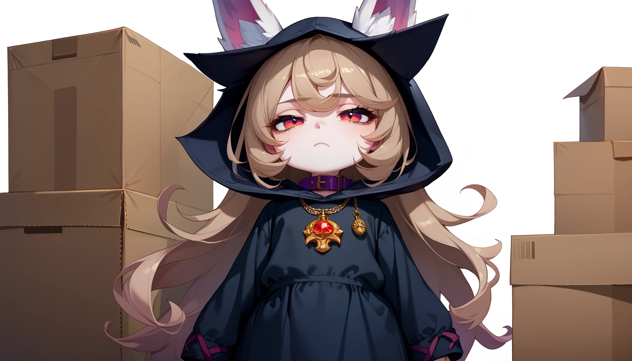 (masterpiece:1.3), (best quality:1.3), (very detailed), (anime style:0.1), game cg, anime coloring,((simple white background)),VexLoLXL,big eyes,yordle,shortstack,red eyes,((light brown hair,bangs,long hair)),shiny_skin,white_skin,white skin,black hood,hood up,ears through headwear,white animal ears,black shirt,purple collar,gold pendant top,long sleeves,black dress,long dress,bare hands,((solo)), 1girl,((cowboy shot)), ((Hold small cardboard box)), ((tired:1.4)),