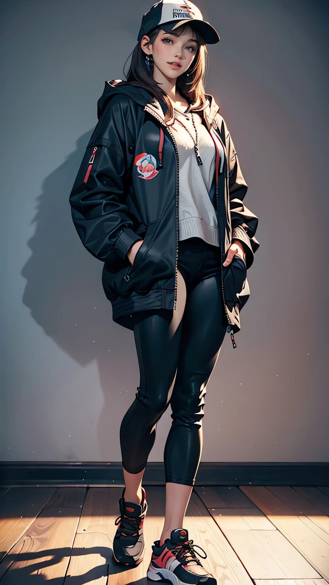 old Caucasian female、 long lashes、Eye Makeup、 lip gloss、hooded Jacket( Put Your Hands in Your Pocket )、leggings、High-top shoes、 viewers with tats、Pop background、fun、joy、Glasess, Black hat