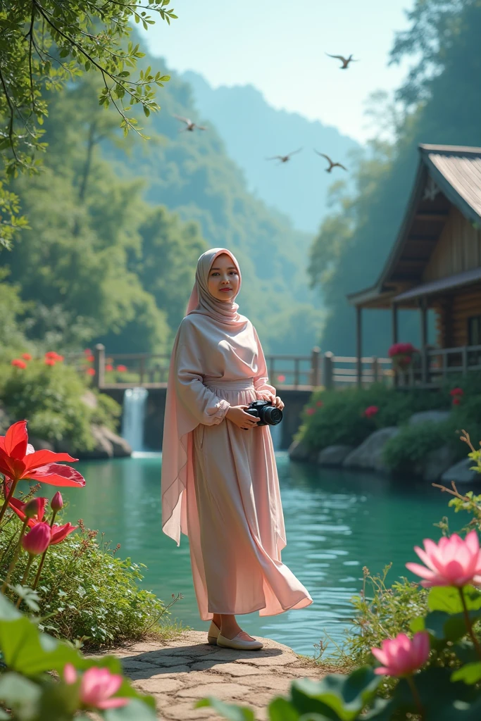 make an original photo of a beautiful young Malay woman with a clean and soft face,Wear long clothes ,casual pants ,Hijab , wearing sneakers ,standing pose /walking full body while holding the camera 📷,beautiful natural scenery background, river, waterfall , log cabin, bridge,river air bening ,there are green plants,flower ,red betel plant, Lotus , there is a swing ,flying bird, realistis HD high-quality photography, high focus, long shoot cinematic,32k. High Resolution, Smile, Projected Inset,