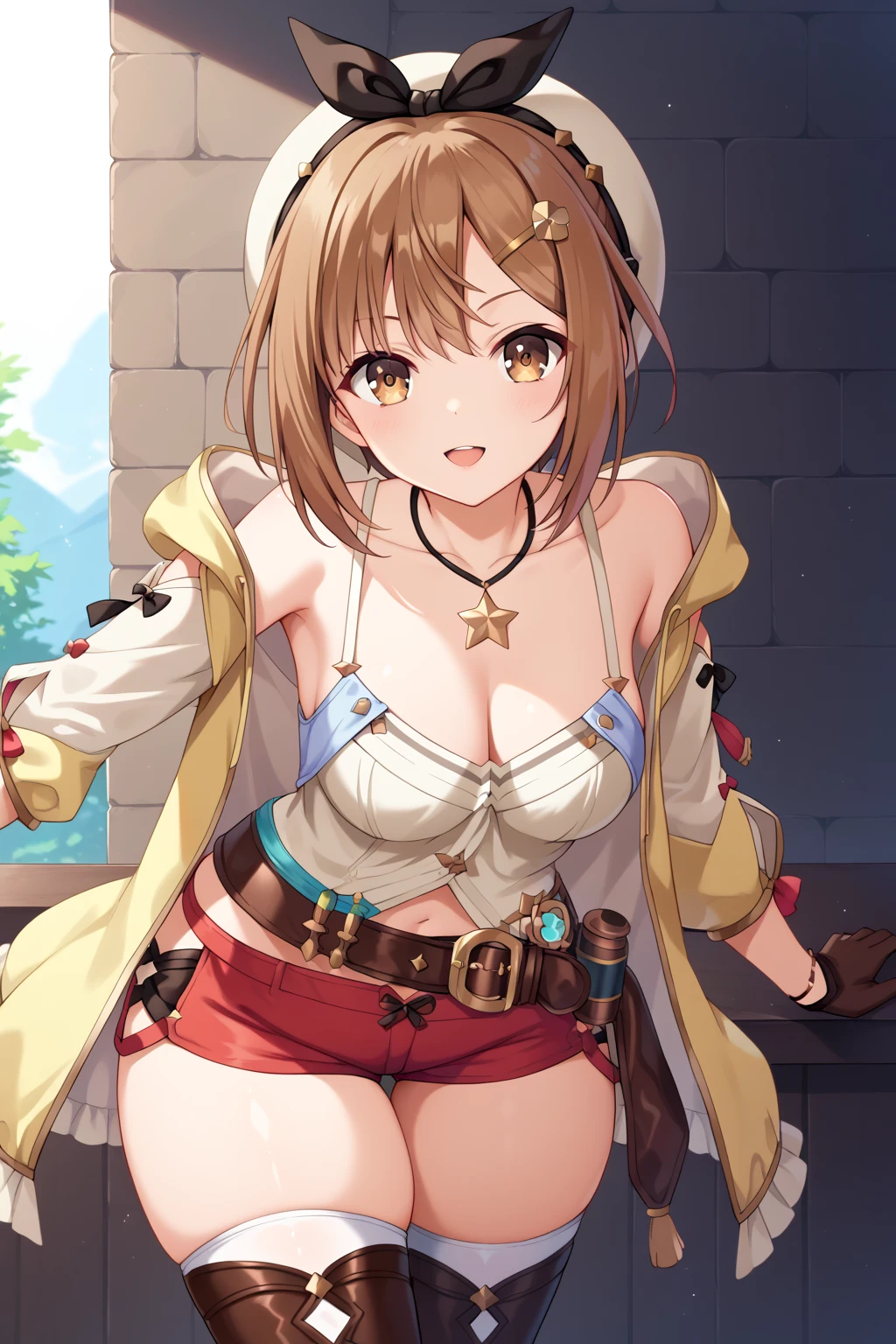 reisalin stout, short hair, brown hair, hair ornament, brown eyes, hairclip,
thighhighs, gloves, hat, jewelry, jacket, thighs, shorts, belt, necklace, star \(symbol\), short shorts, white headwear, brown gloves, single glove, yellow jacket, red shorts, leather, star necklace, leather gloves, (loli)、leaning forward、ジャケットを開ける、bare breasts、オフショルダー