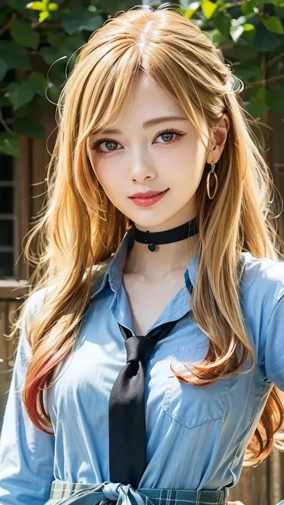 (cowboy shot), face focus, look at viewer, standing, outdoors, kitagawa marin, 
1girl, ((red eyes)), white skin, (right smile, close own mouth), 
long hair, (((multicolored hair, Curly hair:1.2, wavy hair))), (((blonde hair:1.2))), ((blue necktie)), 
jewelry, earrings, piercing, 
school uniform, white button-up shirt, tied shirt, plaid skirt, 
black choker, 
shiny pink cheeks, glossy pink lips, pink eyeshadow, Dark eyeliner, Dark mascara, under-eye bags, 
Blurred Background, Fantastic, Epic Scale, 
(best quality), (high quality), (masterpiece), (4k,8k,raw photo), (((Highly Detailed Face and perfect Skin Texture))), 
Depth of written boundary, (((Very elegant and beautiful, Perfect detail, Super detailed))), Beautifully detailed whole body,