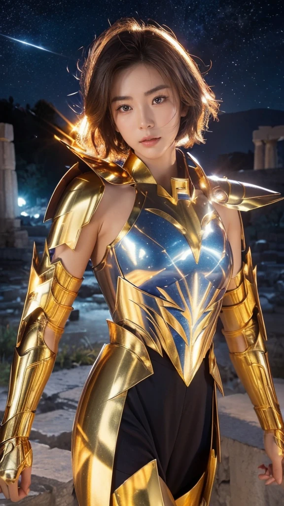 
((1 Female))) beautiful Korean girl,   Ultra Realistic Photo Shoot with Cutting Edge Details by Camus, Greek ruins in the background.  Shiny Shiny Golden Metal Armor, Saint Seiya Armor, (((Cancer Armor))), short blue hair ,  tousled hair,  Active pose, beautiful,  blue eyes,  sunburned skin, Every detail, beautiful face with details, walking at the  ancient Greek ,  ancient Greek ,  super high resolution, 8k, milky way, Night Sky, Shoulder armor that overhangs greatly from the shoulder, Wearing a golden helmet