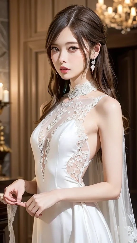 (((cowboy shot))), nsfw, (((white princess dress, lace, See-through, Lavish decoration:1.2))), 
1 woman, Sexy and beautiful, small face, 
(multicolored hair, Curly hair, wavy hair), 
black choker, sexy earrings, 
shiny pink cheeks, glossy pink lips, pink eyeshadow, Dark eyeliner, Dark mascara, under-eye bags, 
Blurred Background, Fantastic, Epic Scale, 
(best quality), (high quality), (masterpiece), (4k,8k,raw photo), 
Depth of written boundary, Beautifully detailed whole body, 
