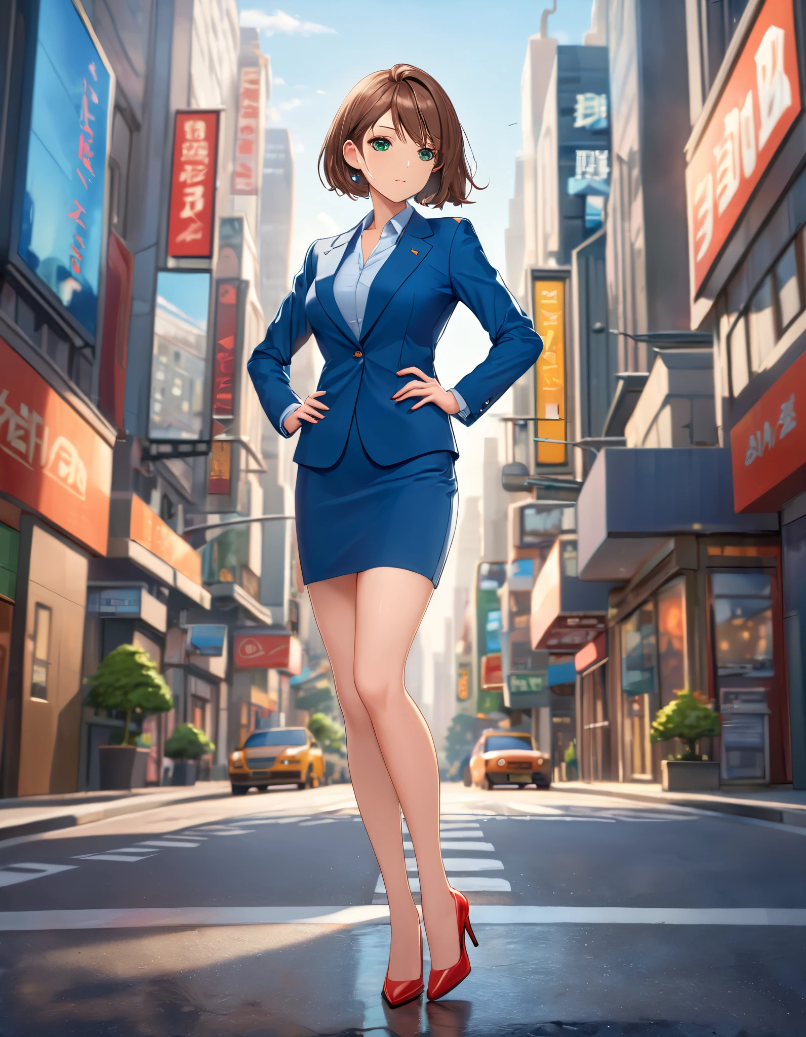 Masterpiece, best quality, high res, 8k, solo, solo focus, 1 girl, brown hair, Bob hair, green eyes, blue skirt suit, pencil skirt, miniskirt (bare legs: 1.4), red high heels, hands on hip, city street