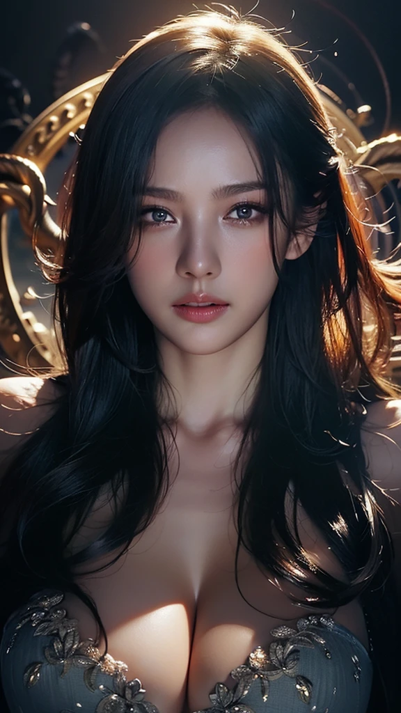 masterpiece,  top quality, illustration,  Very Detailed ,  Exquisite Details ,  high resolution, 8k wallpaper,  perfect dynamic configuration,  beautifully depicted eyes,  sexy face, ecstatic face,  a face at the peak of sexual arousal,  Face to the viewer, (( dark background)), Mark Demsteder Style ，