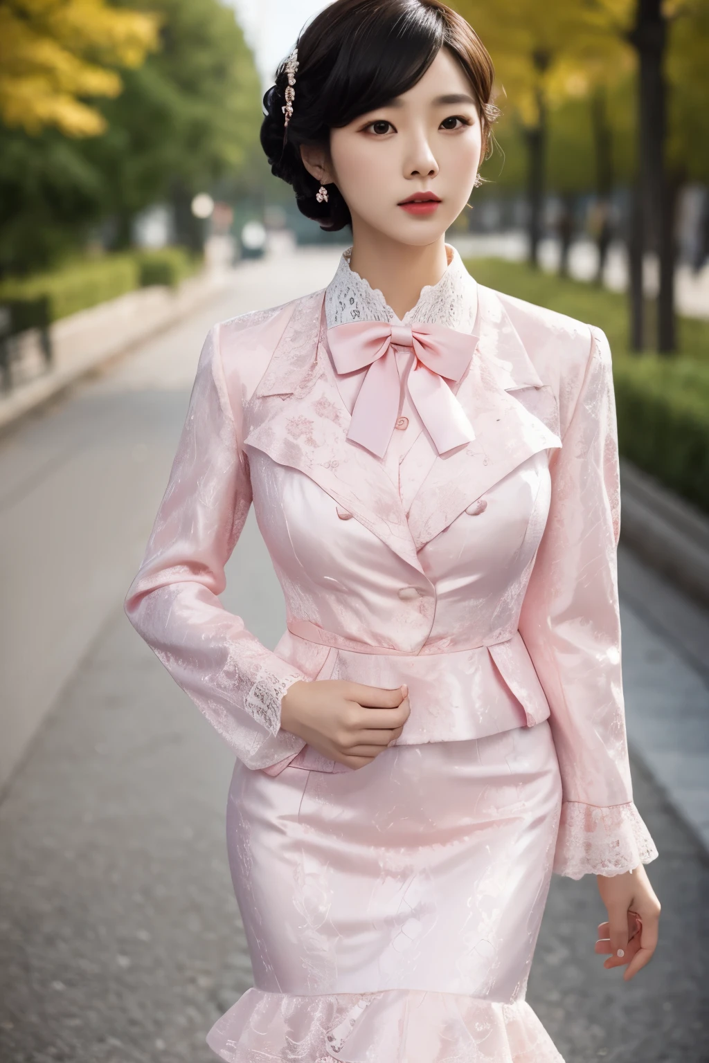 A Korean man in ladies vintage suit dress, he is crossdresser, big breasts like a woman, slender female body, His hairstyle is short and manly, white and pink, long sleeves, Rich lace and frills, cropped jacket, mermaid line long skirt, silk