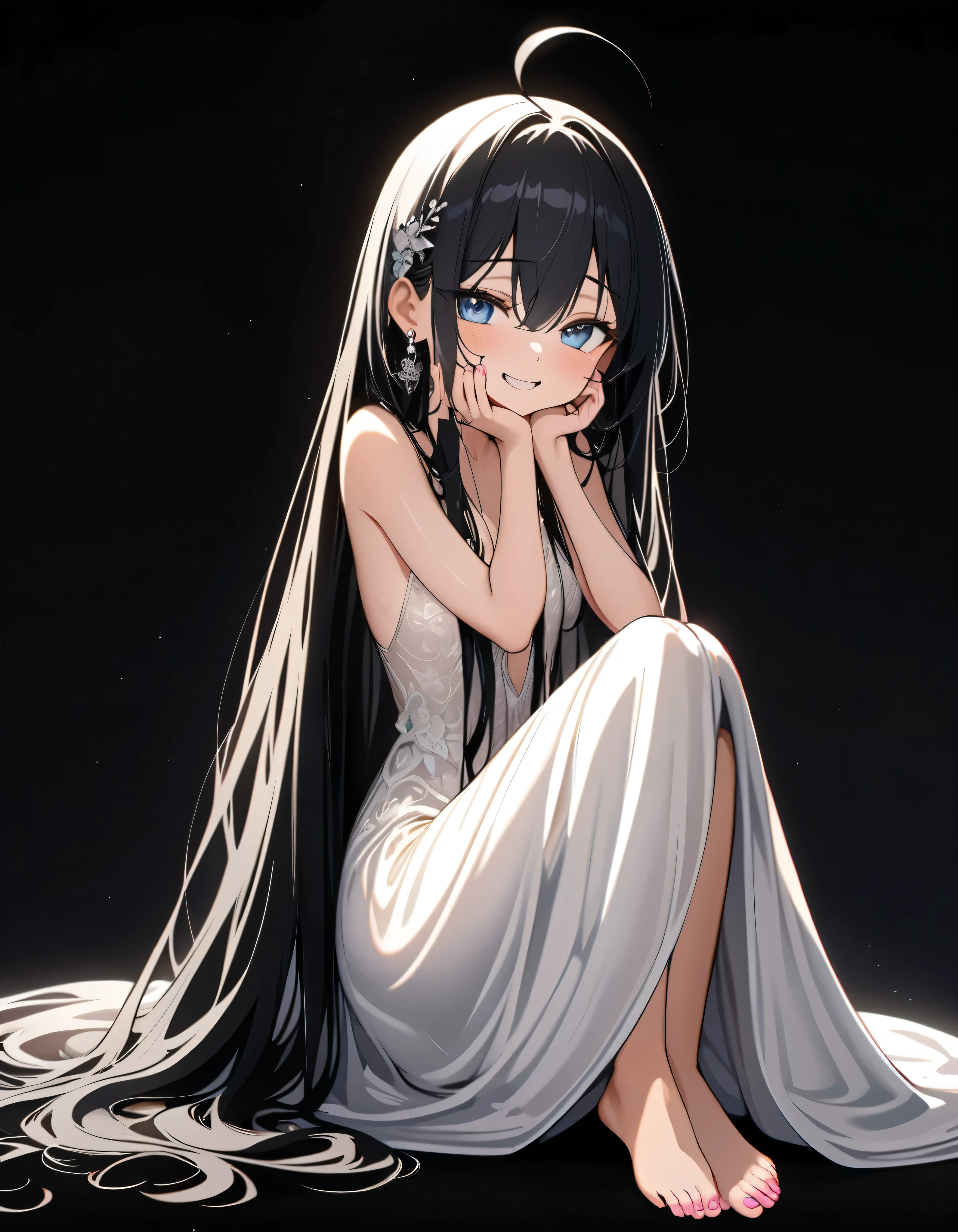 anime girl, angst, dark atmosphere, best quality, detailed face, scared look, crying, throwing up, long black hair, sitting on the ground, wearing a white nightgown with spaghetti straps, black eyes, very skinny