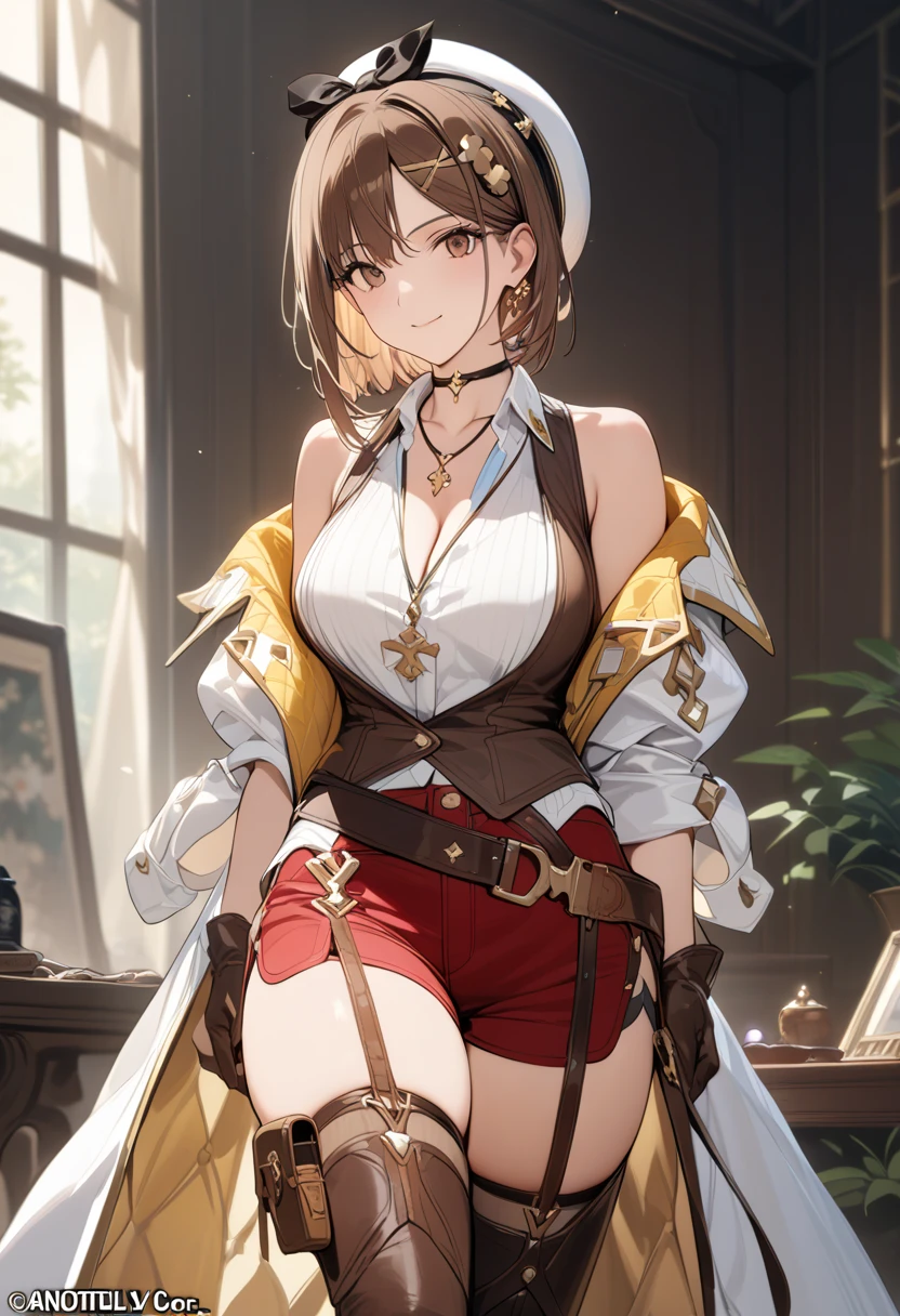   Masterpiece  , 最 High Quality ,  (extremely     Details, 最  High Quality 、  Masterpiece  、    Details、 最  High Quality ,   Official Art, beautifully、beautiful:1.2), 
最  High Quality ,   Masterpiece  ,   Masterpiece  ,    High Quality ,    Detailsな目,   1 girl , Alone, RyzaThird、 shorthair、 crown blade、White Beret、black ribbon headband、x-shaped hair ornament、 black choker 、 white coat、Gold Trim、 white collared shirt 、 sleeveless shirt、 cleavage、 Necklaces 、 brown vest 、 brown gloves、One glove、 red shorts、Brown belt、 thigh pouch to hide one ear、Brown thigh-high boots,smile,Glossy Painting