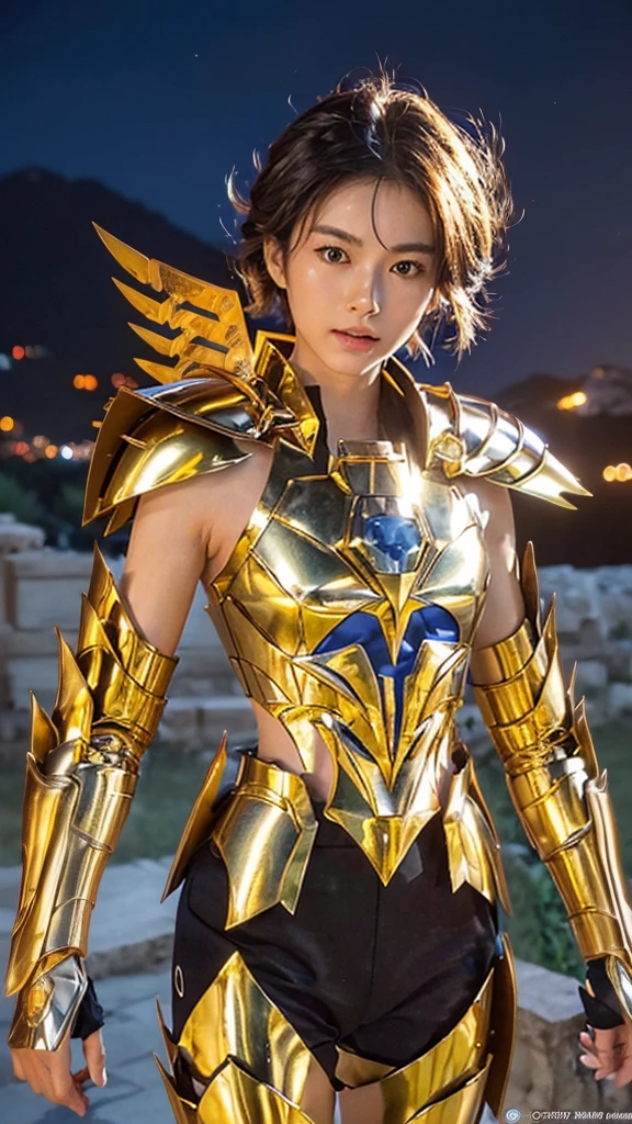 
((1 Female))) beautiful Korean girl,   Ultra Realistic Photo Shoot with Cutting Edge Details by Camus, Greek ruins in the background.  Shiny Shiny Golden Metal Armor, Saint Seiya Armor, (((Cancer Armor))), short blue hair ,  tousled hair,  Active pose, beautiful,  blue eyes,  sunburned skin, Every detail, beautiful face with details, walking at the  ancient Greek ,  ancient Greek ,  super high resolution, 8k, milky way, Night Sky, Shoulder armor that overhangs greatly from the shoulder, Wearing a golden helmet, sexy armor , 