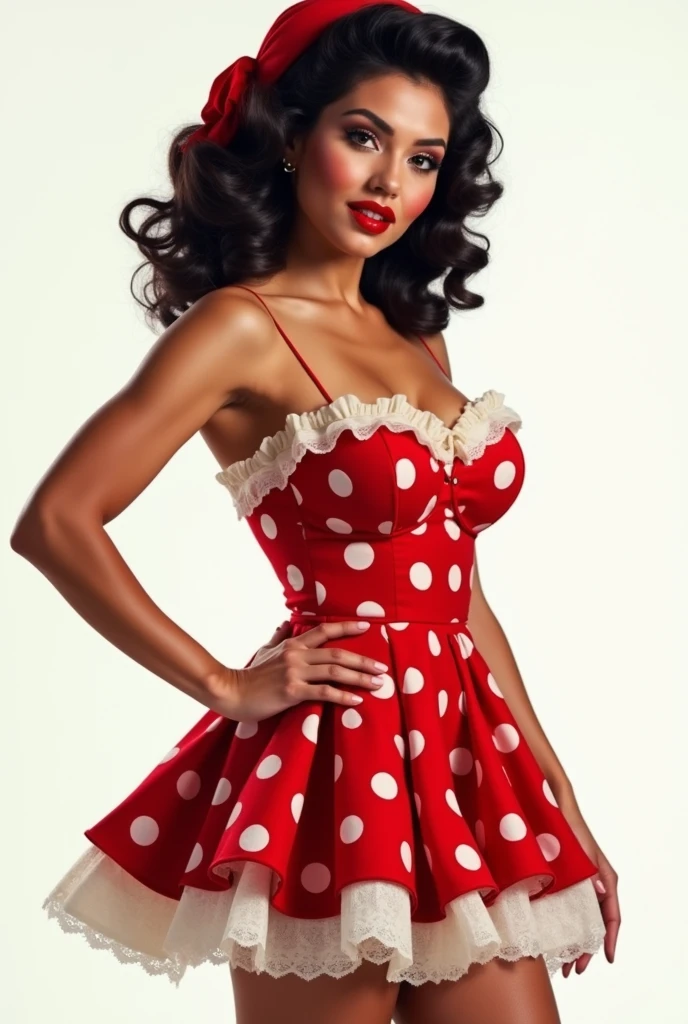 pin-up girl, dark hair with Victory's Rools, sitting on big strawberry