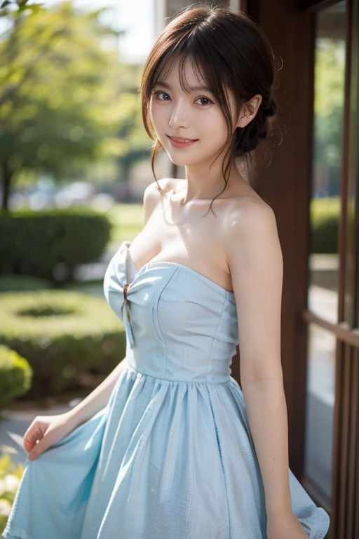  Japanese model in light blue dress is posing、Neat and beautiful Japanese model、Strapless dress、 cleavage、 fantasy dress, Light blue dress ,  romantic dress,  elegant dress,  cute dress , Pale blue, rococo ruffle dress, Pastel Blue,   Stylish Dress ,  elegant dress, Wearing a girly dress that is feminine、 looking at the camera、Detailed and beautiful eyes、Bright expression、 cute smile、Soft and gentle relaxed expression 