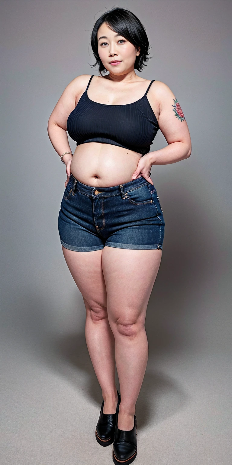 ((best quality)), ((masterpiece)), (detailed), perfect face, araffe woman in a dark-blue shirt and blue denim skirt walking down a street, thicc, she has a jiggly fat round belly, bbwchan, wearing tight simple clothes, skinny waist and thick hips, widest hips, her belly is fat and round, soft curvy shape, hyperrealistic full figure, wearing a cute top, wide hips, cropped shoulders,Bare belly,(big assa:0.7),show legs,, thicc, beautiful thick female, beautiful curvy female,, Tall and tall,clear curvy details, curvy hourglass figure, alluring plus sized model, bbwchan, Voluptious body, Curvy model, Curvy body, Be red in the face, 1girll, a matural female, A MILF, the golden ratio,(Kpop idol),(Oil skin:1.2),(Oil skin:1.1), iremuzi tattoos on thighs, big tattoo on thighs