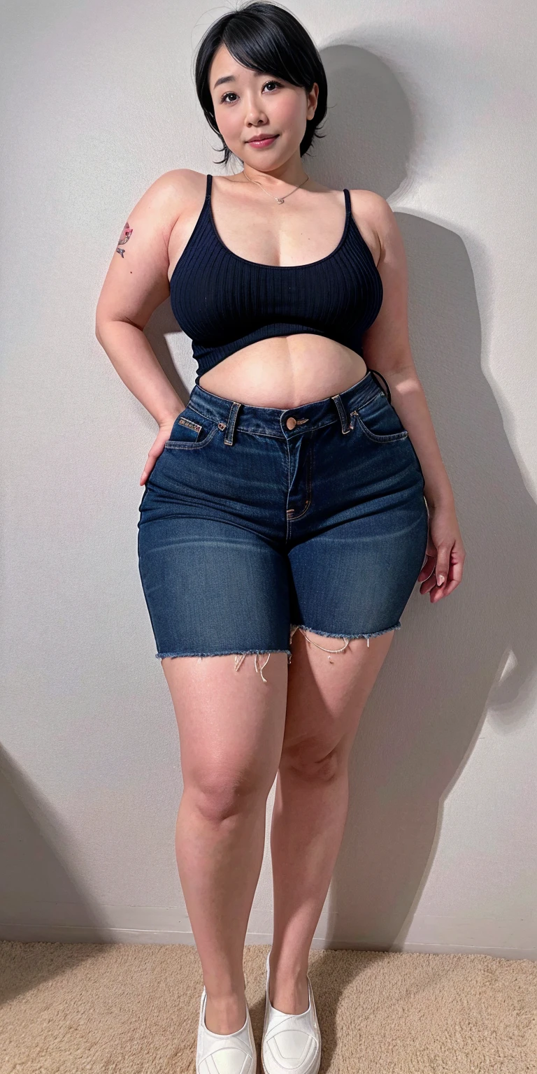 arafed woman in no clothes, clear shorts, torn shorts, exposed thighs, exposed thighs!!!, large thighs, 😭 🤮 💕 🎀, Big tits, huge tits, no clothes, sexy, cute, wide hips, thick thighs, pear-shaped body, minimal clothes, thick, extra wide hips, bbw, wide girl, giant tits, busting out, nipple showing, tight dress, tits spilling out the side, sideboob, fat showing, minimal clothes, thick, thicc, upper body zoom, showing waist, major cleavage super wide hips, thick thighs, huge round tits showing, naked, no clothes