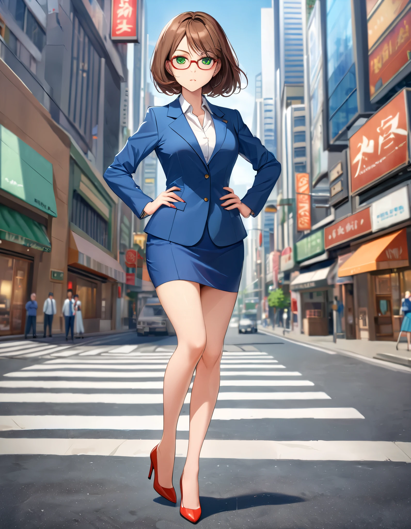 Masterpiece, best quality, high res, 8k, solo, solo focus, 1 girl, brown hair, Bob hair, green eyes, rimmed eyewear, glasses, blue skirt suit, pencil skirt, miniskirt (bare legs: 1.4), red high heels, hands on hip, city street