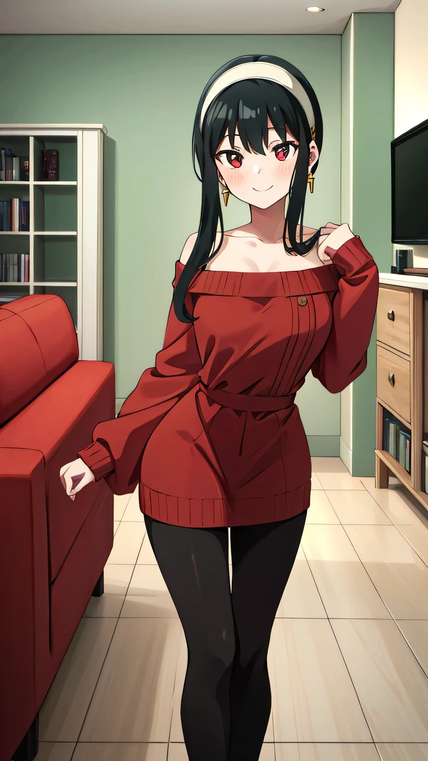 {{{masterpiece}}}, (best quality:1.5), (ultra-detailed:1.5), {illustration}, {{an extremely delicate and beautiful}}, (beautiful detailed eyes:1.5), absurdres, highres, extremely detailed face, 16k, hd, visual anime de uma jovem mulher, extremamente bonito rosto de anime, anime melhor garota, (perfect hands, perfect anatomy), anime face, Yor Forger(Spy x Family), yor briar, 1girl, solo, cute face, black hair, short hair with long locks, sidelocks, asymmetrical bangs, (red eyes:1.4), narrow chin, medium breasts, thin waist, big hips, curvaceous, BREAK, white hairband, gold earrings, off shoulder, clavicle, red sweater, knit dress, tight sweater, long sleeves, black pantyhose, leggings, BREAK, cute face, big eyes, smiling, flushed cheeks, standing, indoor, living room, Modern living room, analog tv, flooring, black sofa