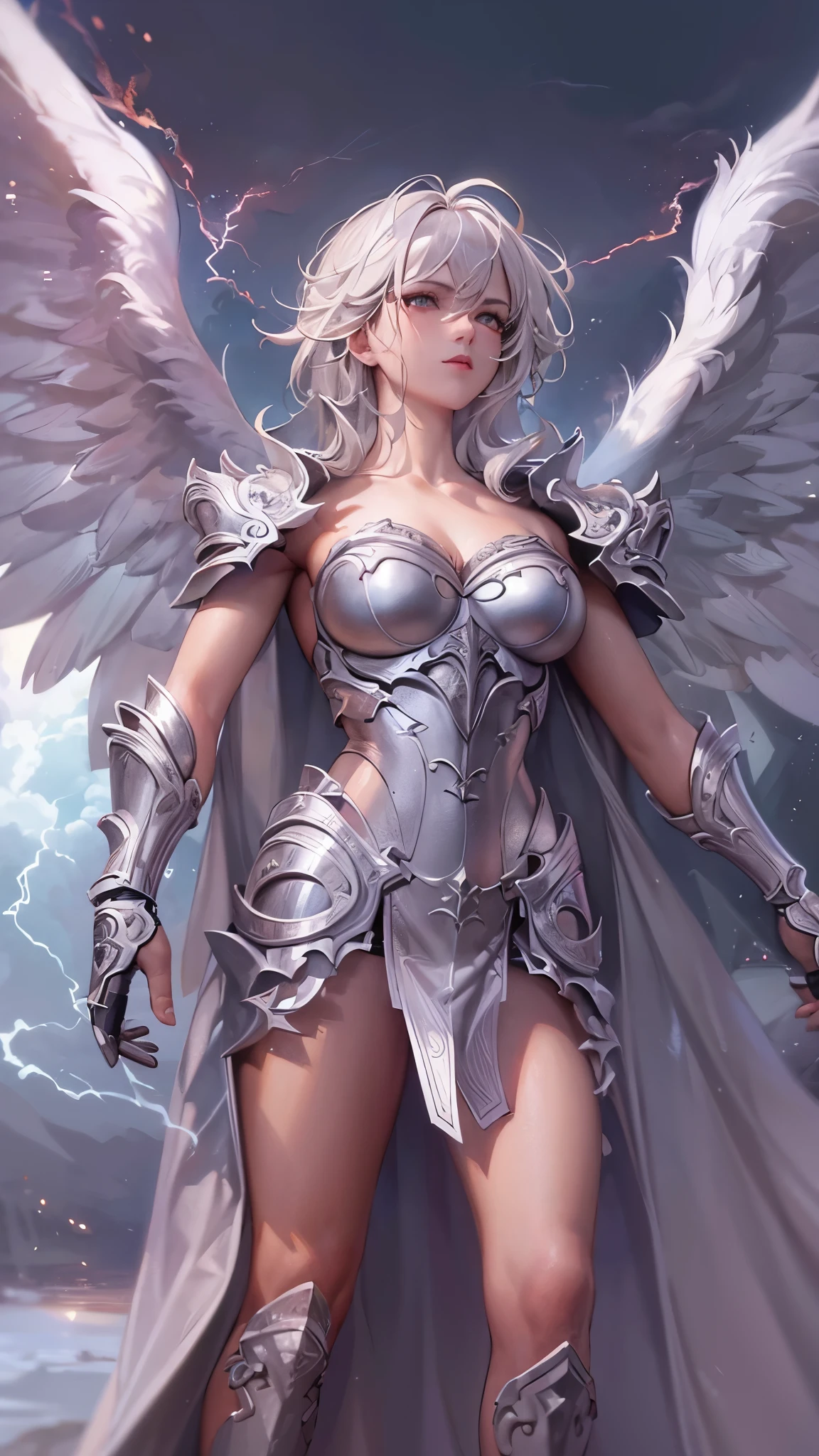 Angel with a beautiful wing falling from the sky, (best illustration), Vivid colors, super detailed, ray tracing, masterpiece, best quality, ultra quality, absurd details, (best light), (best shadow), sharp, sharp image, detailed, extremely detailed, great resolution, 8k, 4k, uhd, volumetric, shiny armor, (particle effects), --auto --s2