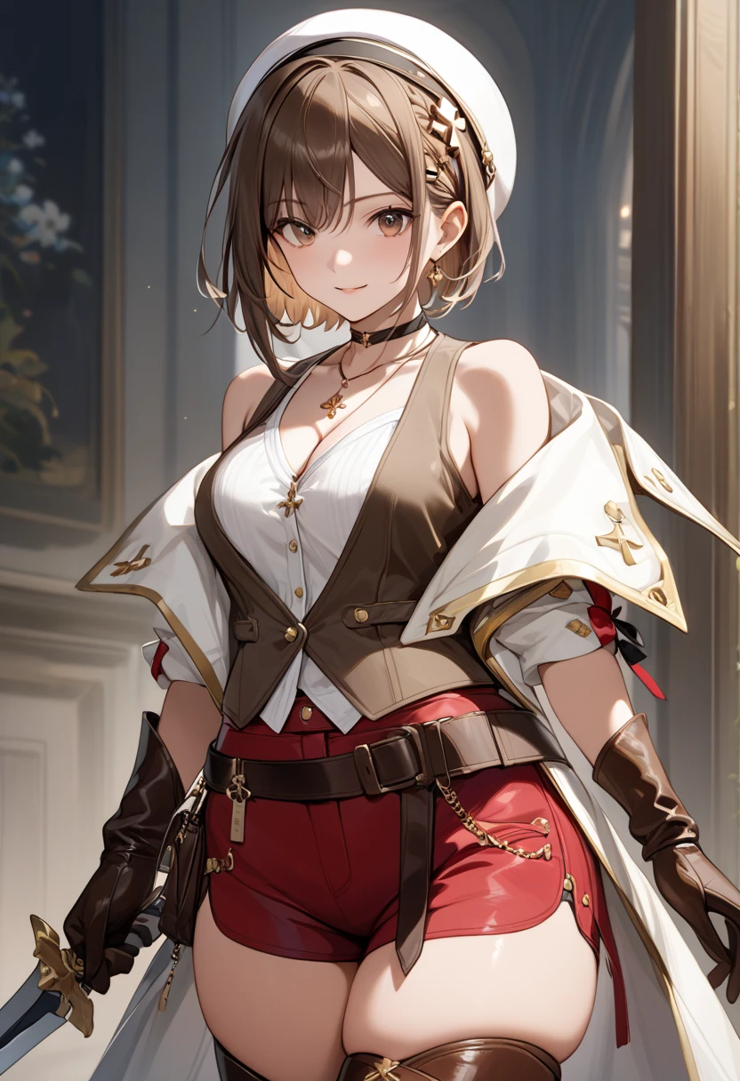   Masterpiece  , 最 High Quality ,  (extremely     Details, 最  High Quality 、  Masterpiece  、    Details、 最  High Quality ,   Official Art, beautifully、beautiful:1.2), 
最  High Quality ,   Masterpiece  ,   Masterpiece  ,    High Quality ,    Detailsな目,   1 girl , Alone, RyzaThird、 shorthair、 crown blade、White Beret、black ribbon headband、x-shaped hair ornament、 black choker 、 white coat、Gold Trim、 white collared shirt 、 sleeveless shirt、 cleavage、 Necklaces 、 brown vest 、 brown gloves、One glove、 red shorts、Brown belt、 thigh pouch to hide one ear、Brown thigh-high boots,smile,Glossy Painting, shiny thighs 